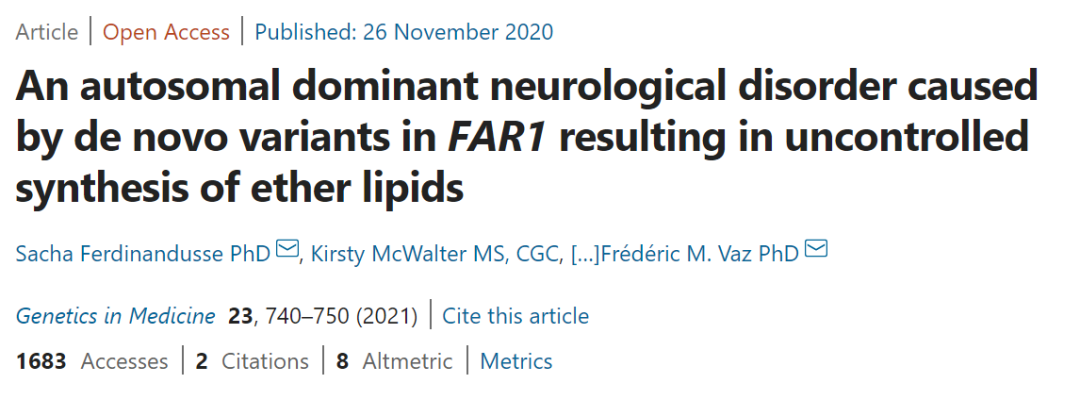 FAR1新发突变引起常染色体显性神经疾病可导致醚脂合成失控